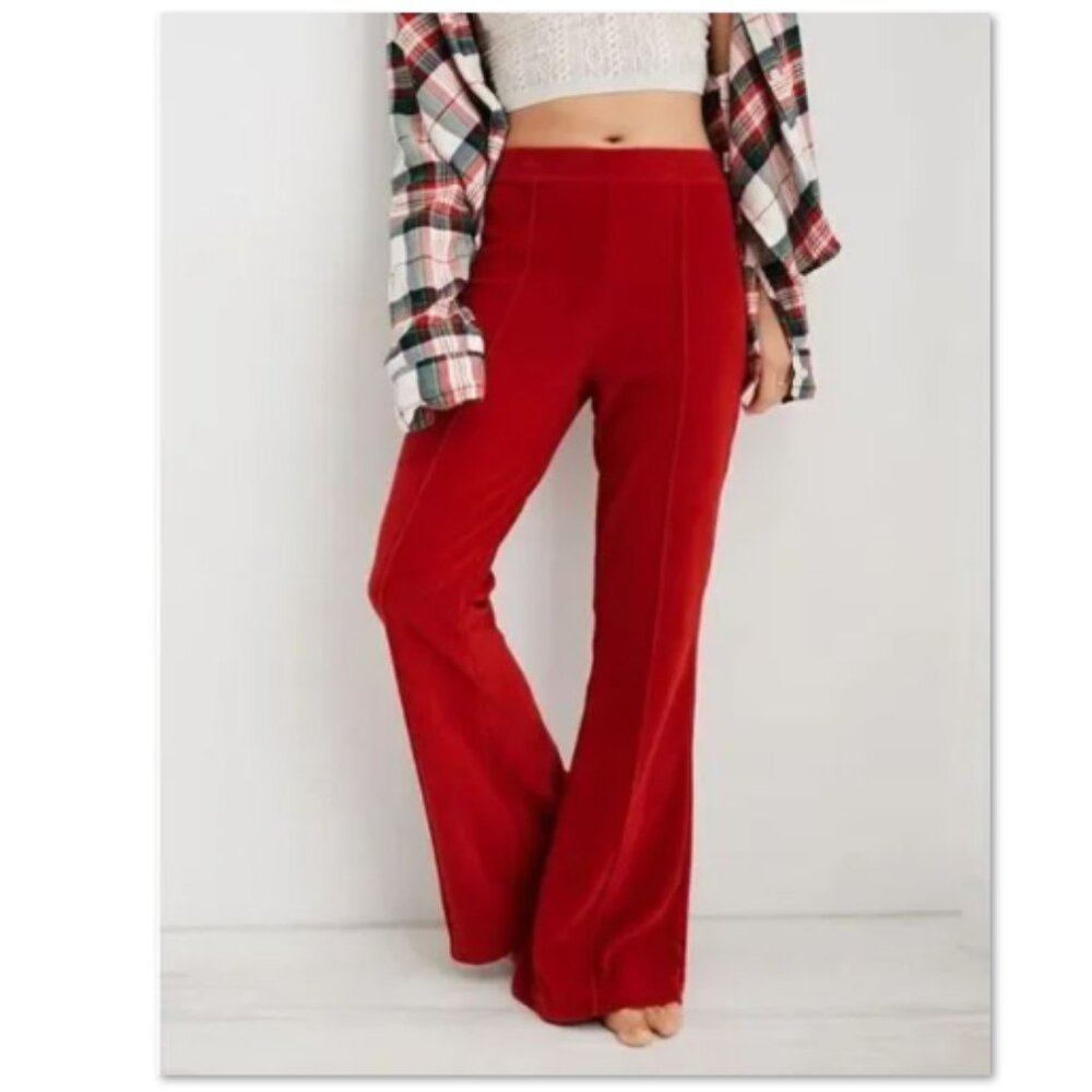 Aerie Groove-On Rib Velour Flare Pant size S Red NWOT
